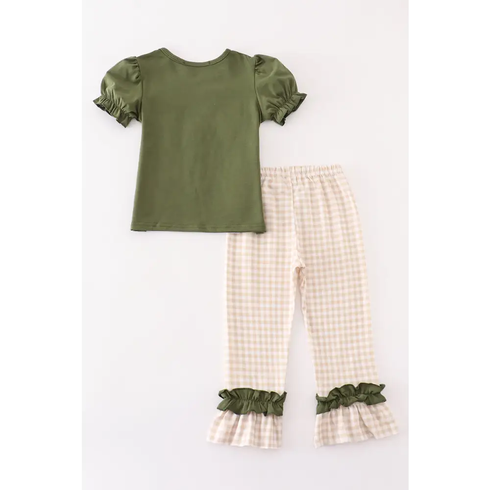 Gingham hunting embroidery girl pants set - Set