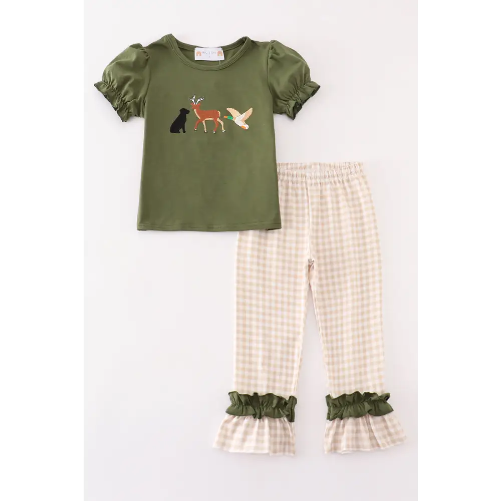 Gingham hunting embroidery girl pants set - Set