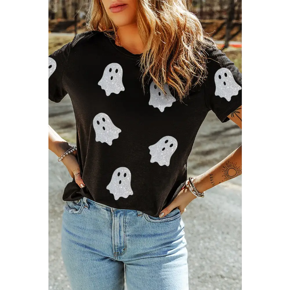 Glitter Ghost Round Neck Short Sleeve T-Shirt