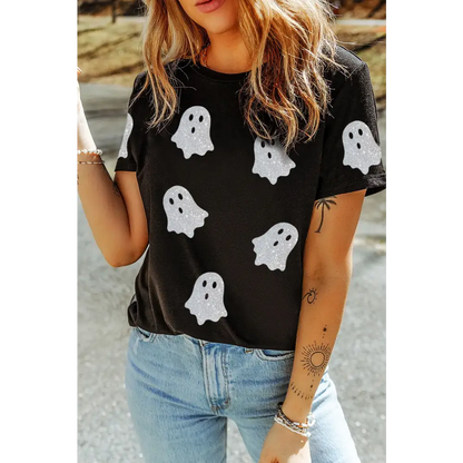 Glitter Ghost Round Neck Short Sleeve T-Shirt - Black / S