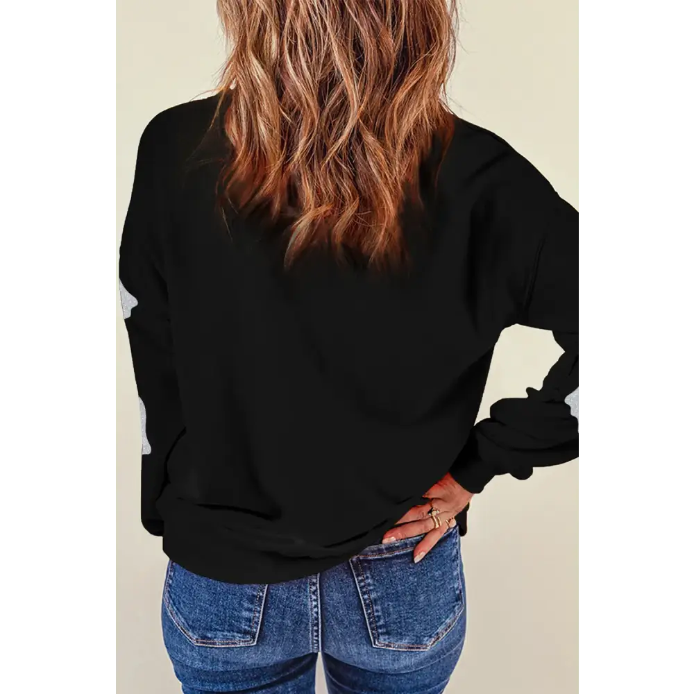 Glitter Round Neck Long Sleeve Sweatshirt - Tops