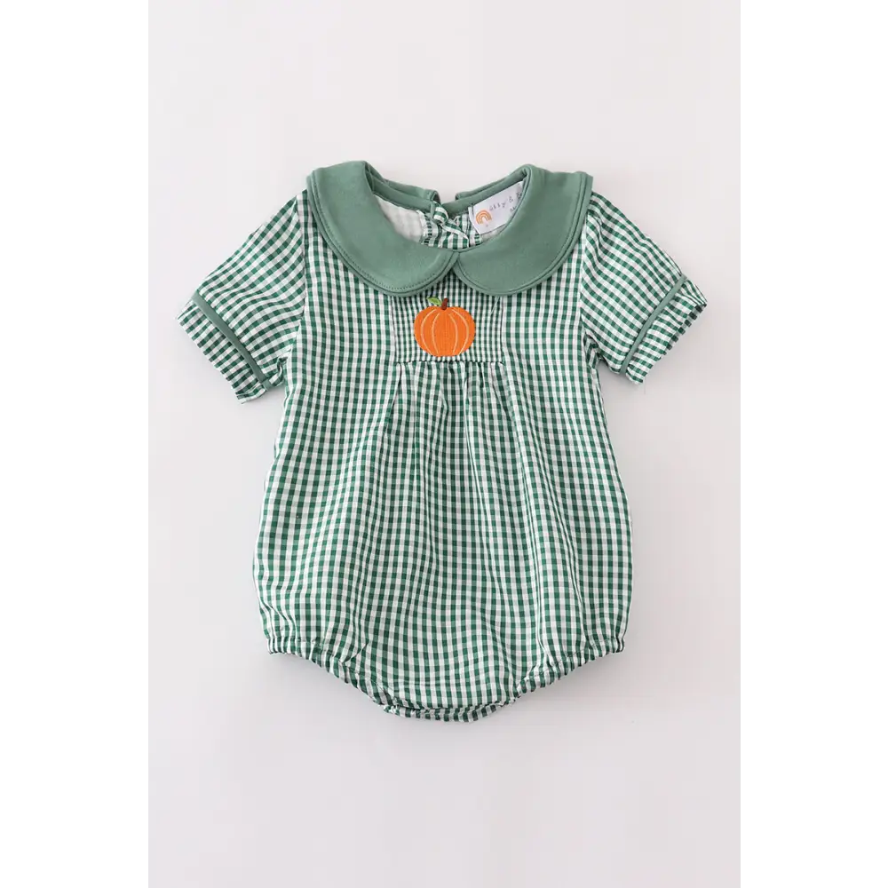 Green Gingham Pumpkin Embroidery Boy Bubble - NB