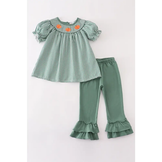 Green gingham pumpkin embroidery girl set - Set