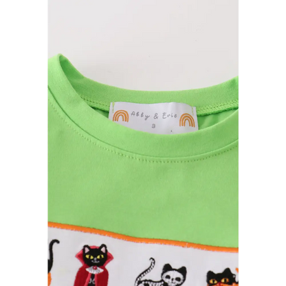 Green halloween cat embroidery boy set - Set