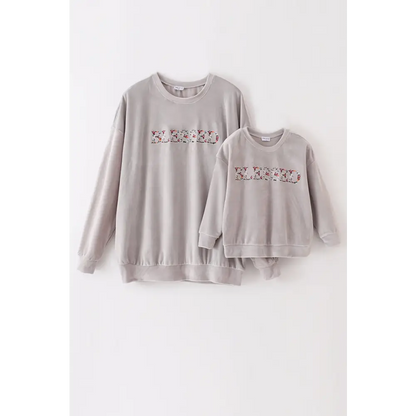 Grey velvet blessed embroidery mom&me sweatshirt - Top