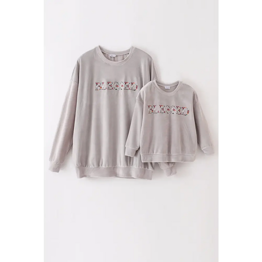 Grey velvet blessed embroidery mom&me sweatshirt - Top