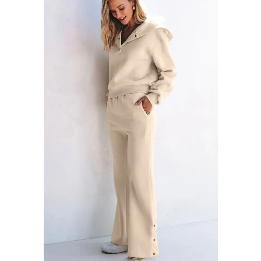 Half Snap Long Sleeve Hooded Top and Pants Set - Bottoms