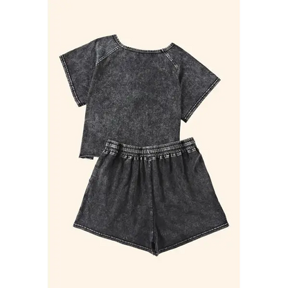 Heathered Round Neck Top and Shorts Lounge Set - Madi Gray Boutique