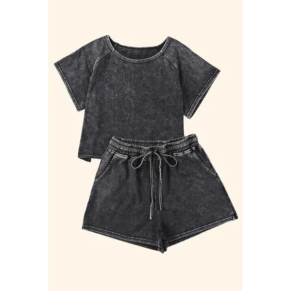 Heathered Round Neck Top and Shorts Lounge Set - Madi Gray Boutique