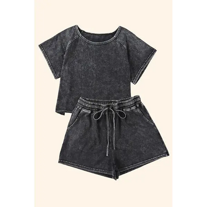 Heathered Round Neck Top and Shorts Lounge Set - Madi Gray Boutique