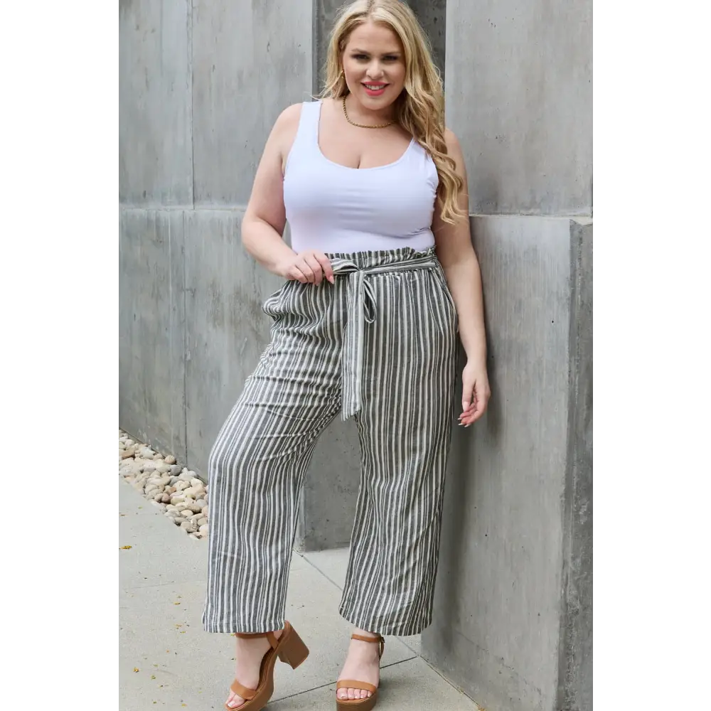 Heimish Find Your Path Full Size Paperbag Waist Striped Culotte Pants - Madi Gray Boutique