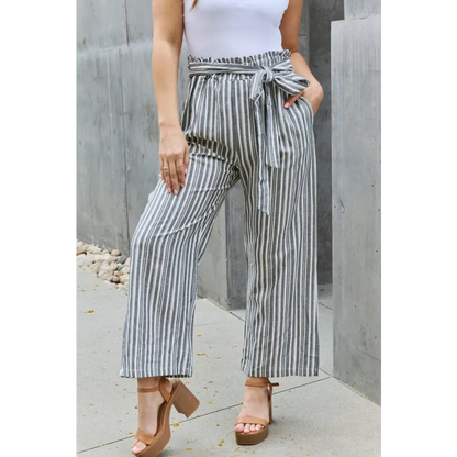 Heimish Find Your Path Full Size Paperbag Waist Striped Culotte Pants - Madi Gray Boutique