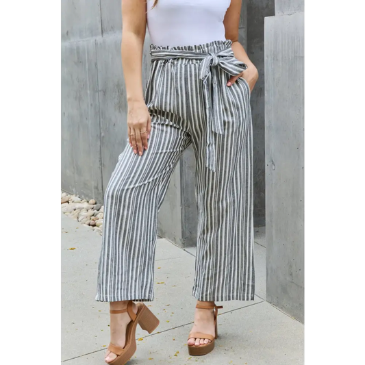 Heimish Find Your Path Full Size Paperbag Waist Striped Culotte Pants - Madi Gray Boutique