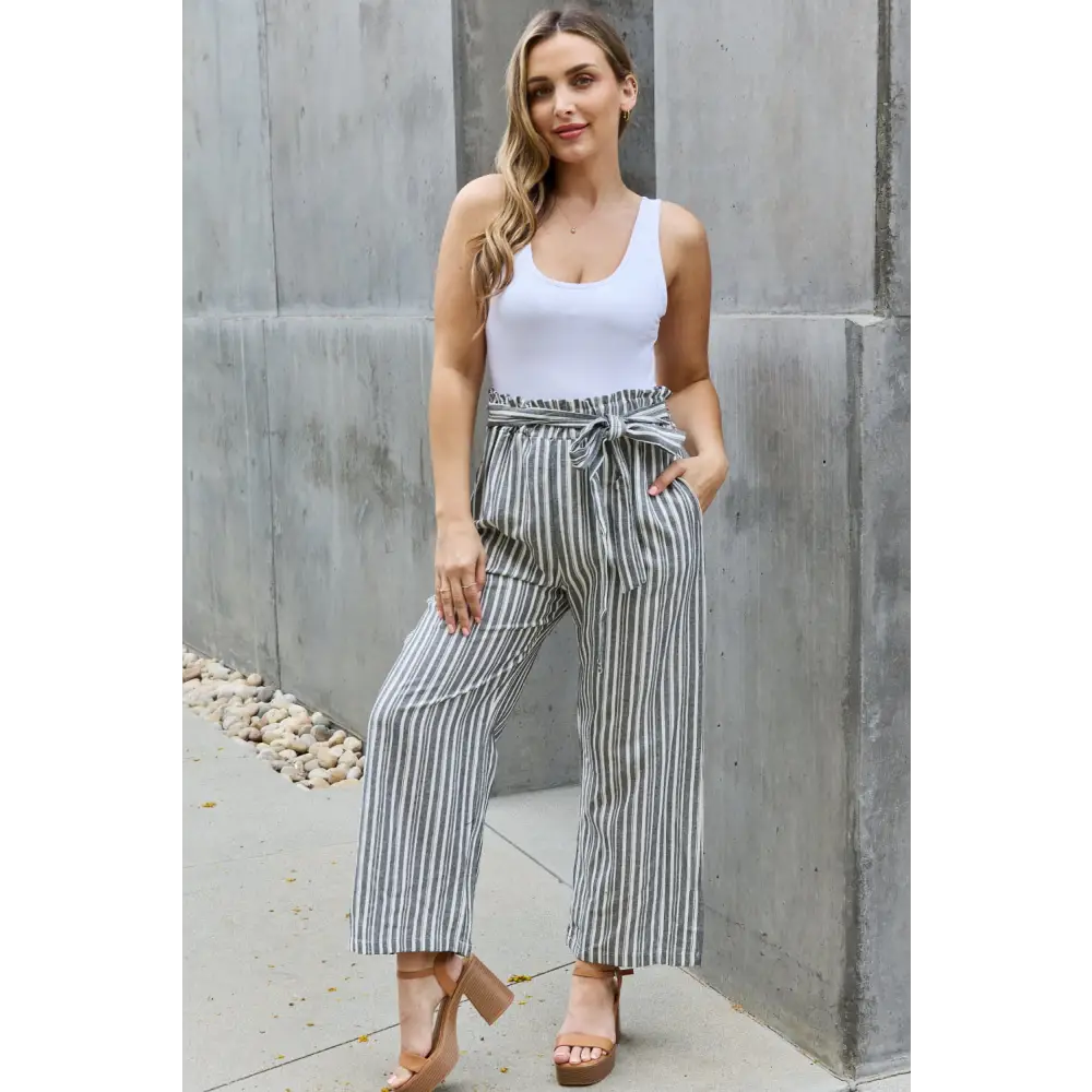 Heimish Find Your Path Full Size Paperbag Waist Striped Culotte Pants - Madi Gray Boutique