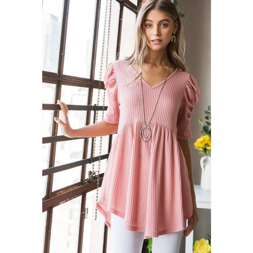 Heimish Full Size Waffle Knit V-Neck Babydoll Top - ROSE / S - Tops