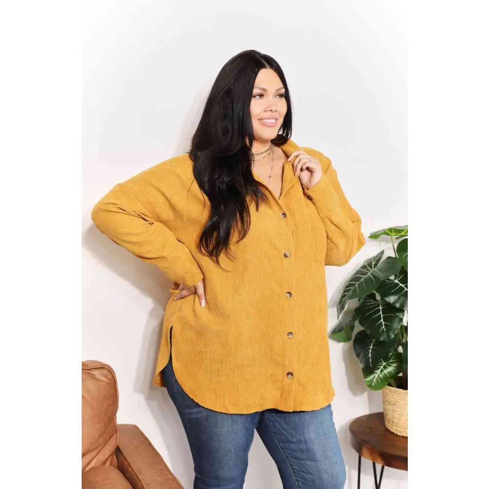 HEYSON Full Size Oversized Corduroy  Button-Down Tunic Shirt with Bust Pocket - Madi Gray Boutique