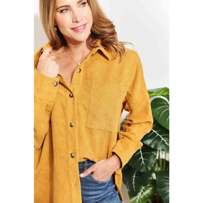 HEYSON Full Size Oversized Corduroy  Button-Down Tunic Shirt with Bust Pocket - Madi Gray Boutique