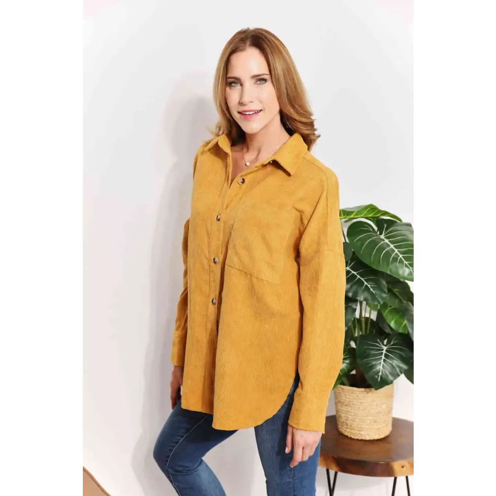 HEYSON Full Size Oversized Corduroy  Button-Down Tunic Shirt with Bust Pocket - Madi Gray Boutique