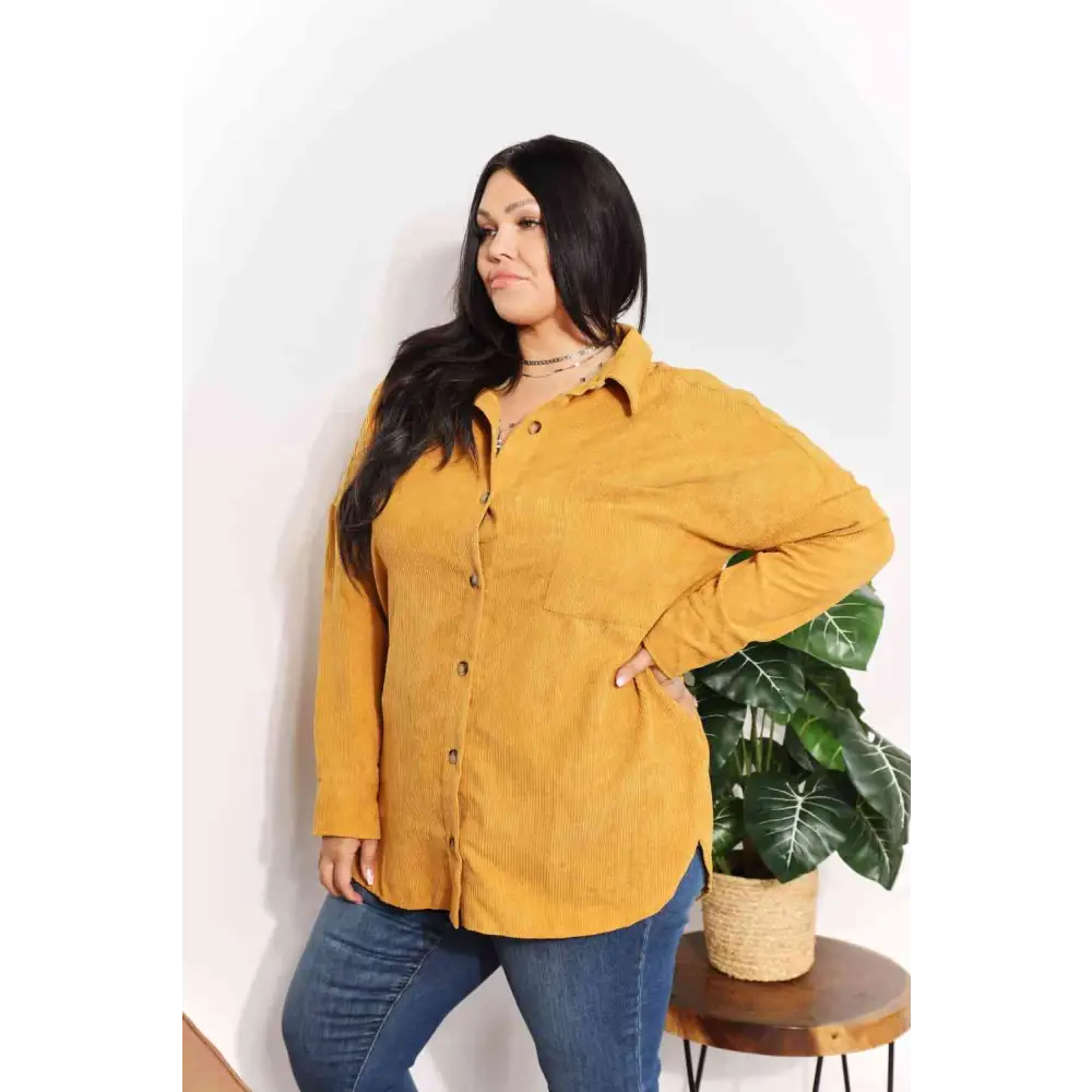 HEYSON Full Size Oversized Corduroy  Button-Down Tunic Shirt with Bust Pocket - Madi Gray Boutique