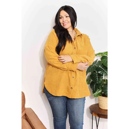 HEYSON Full Size Oversized Corduroy  Button-Down Tunic Shirt with Bust Pocket - Madi Gray Boutique