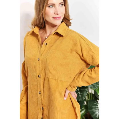 HEYSON Full Size Oversized Corduroy  Button-Down Tunic Shirt with Bust Pocket - Madi Gray Boutique