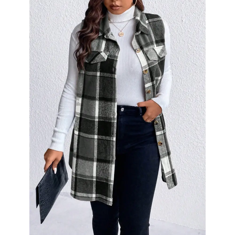 Honey Plus Size Pocketed Plaid Button Up Vest Coat - Black / 1XL - Tops