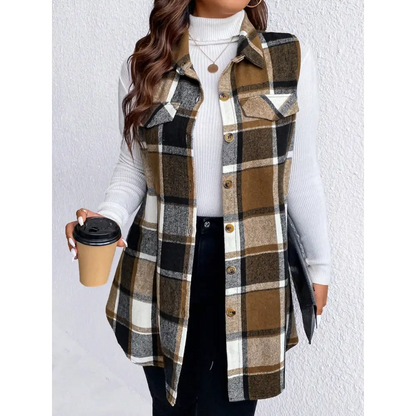 Honey Plus Size Pocketed Plaid Button Up Vest Coat - Camel / 1XL - Tops