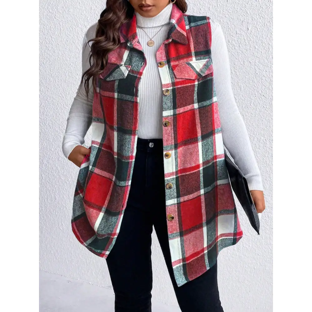 Honey Plus Size Pocketed Plaid Button Up Vest Coat - Deep Red / 1XL - Tops