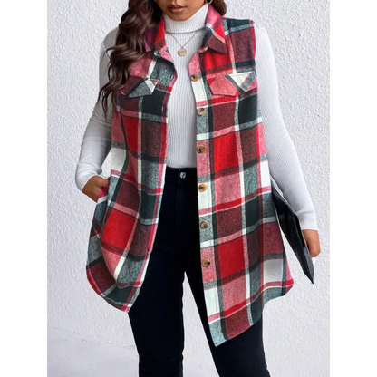 Honey Plus Size Pocketed Plaid Button Up Vest Coat - Deep Red / 1XL - Tops