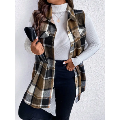 Honey Plus Size Pocketed Plaid Button Up Vest Coat - Tops