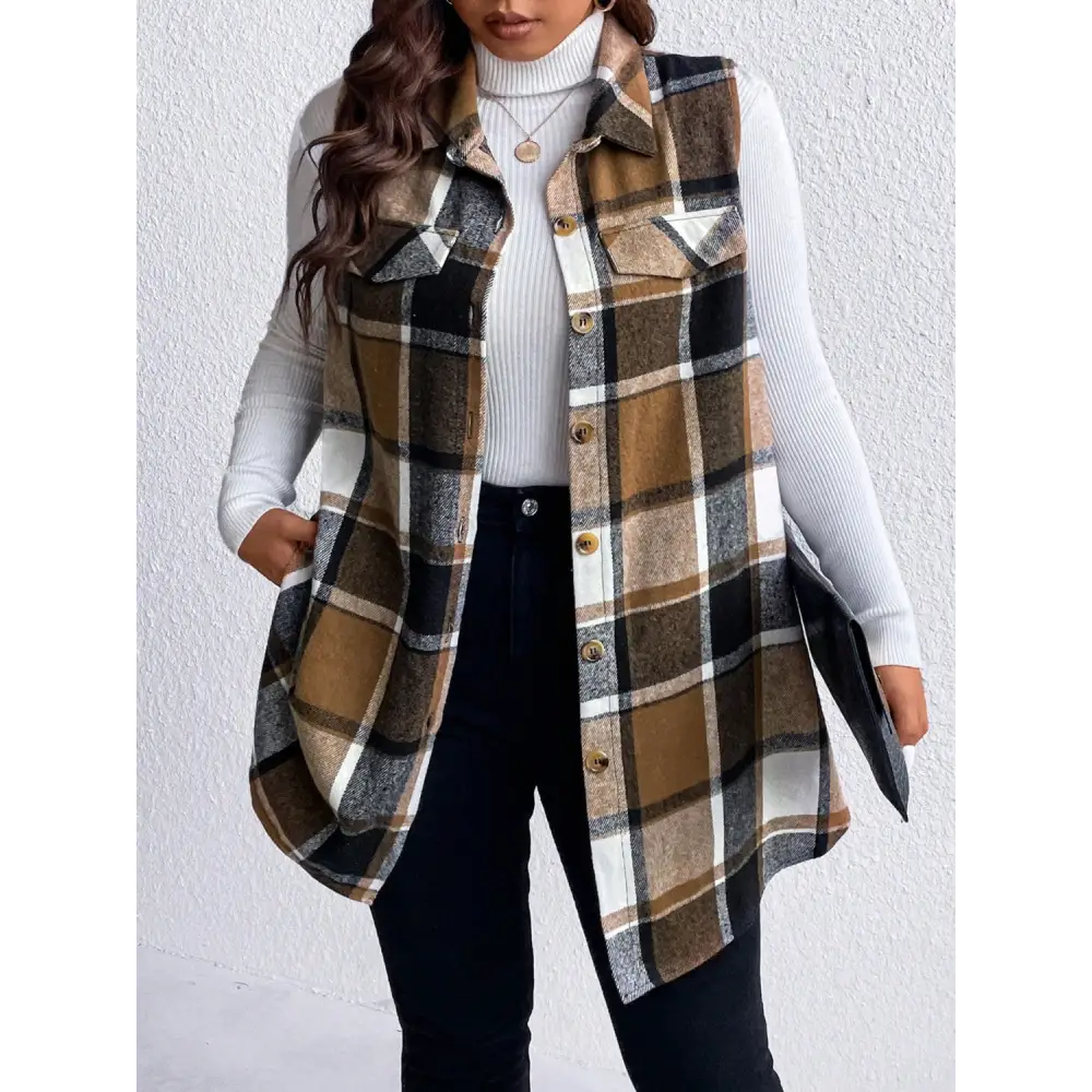 Honey Plus Size Pocketed Plaid Button Up Vest Coat - Tops