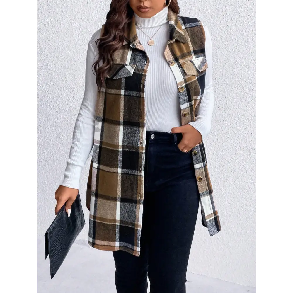 Honey Plus Size Pocketed Plaid Button Up Vest Coat - Tops