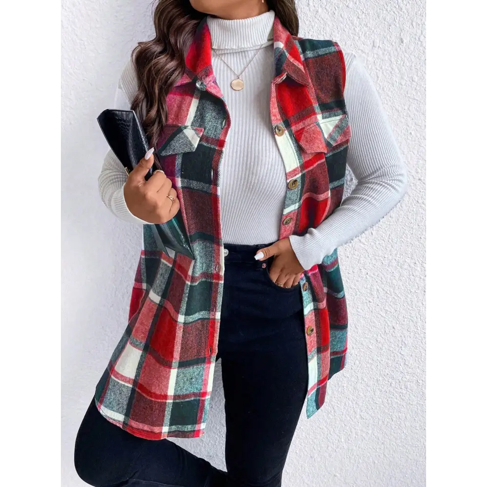 Honey Plus Size Pocketed Plaid Button Up Vest Coat - Tops