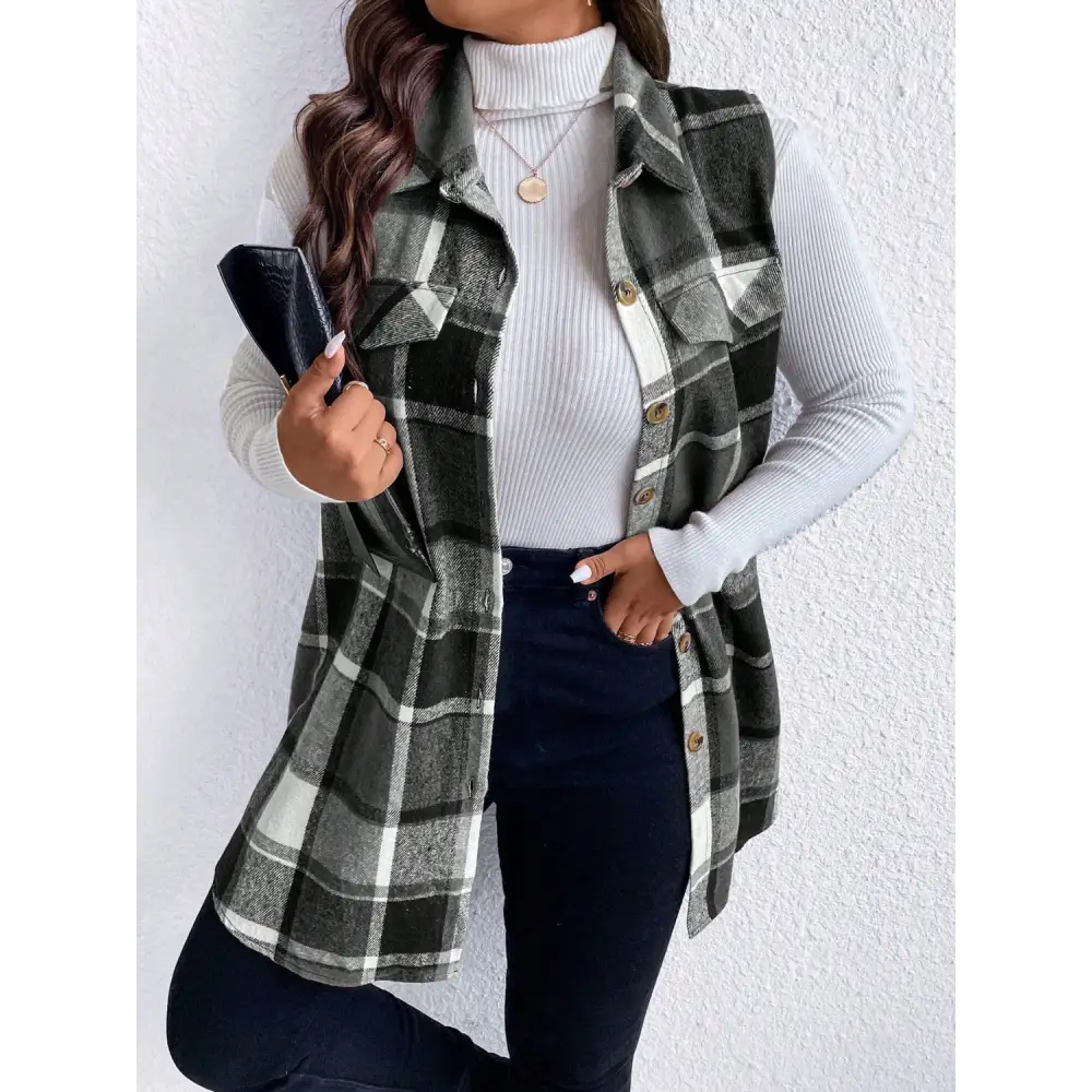 Honey Plus Size Pocketed Plaid Button Up Vest Coat - Tops