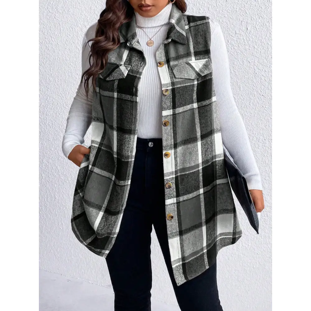 Honey Plus Size Pocketed Plaid Button Up Vest Coat - Tops