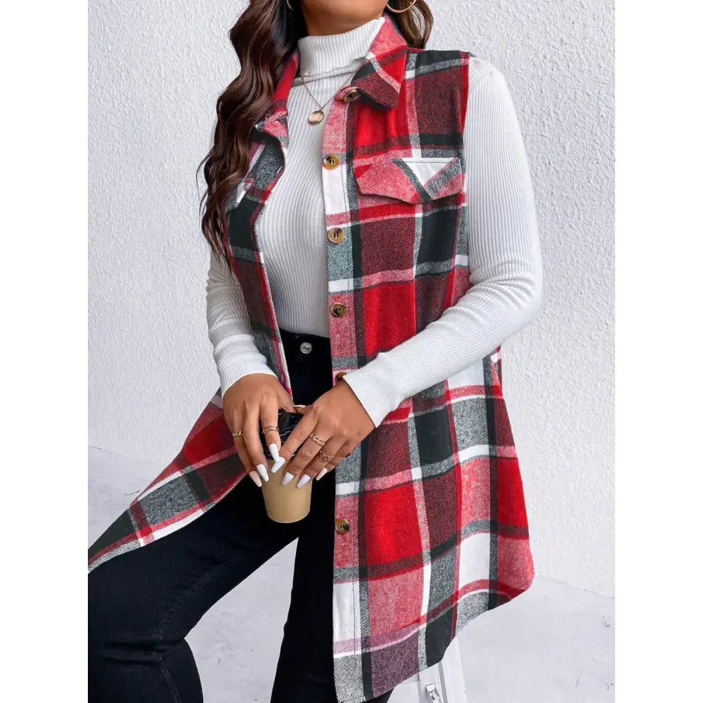 Honey Plus Size Pocketed Plaid Button Up Vest Coat - Tops