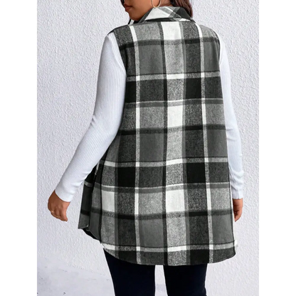 Honey Plus Size Pocketed Plaid Button Up Vest Coat - Tops