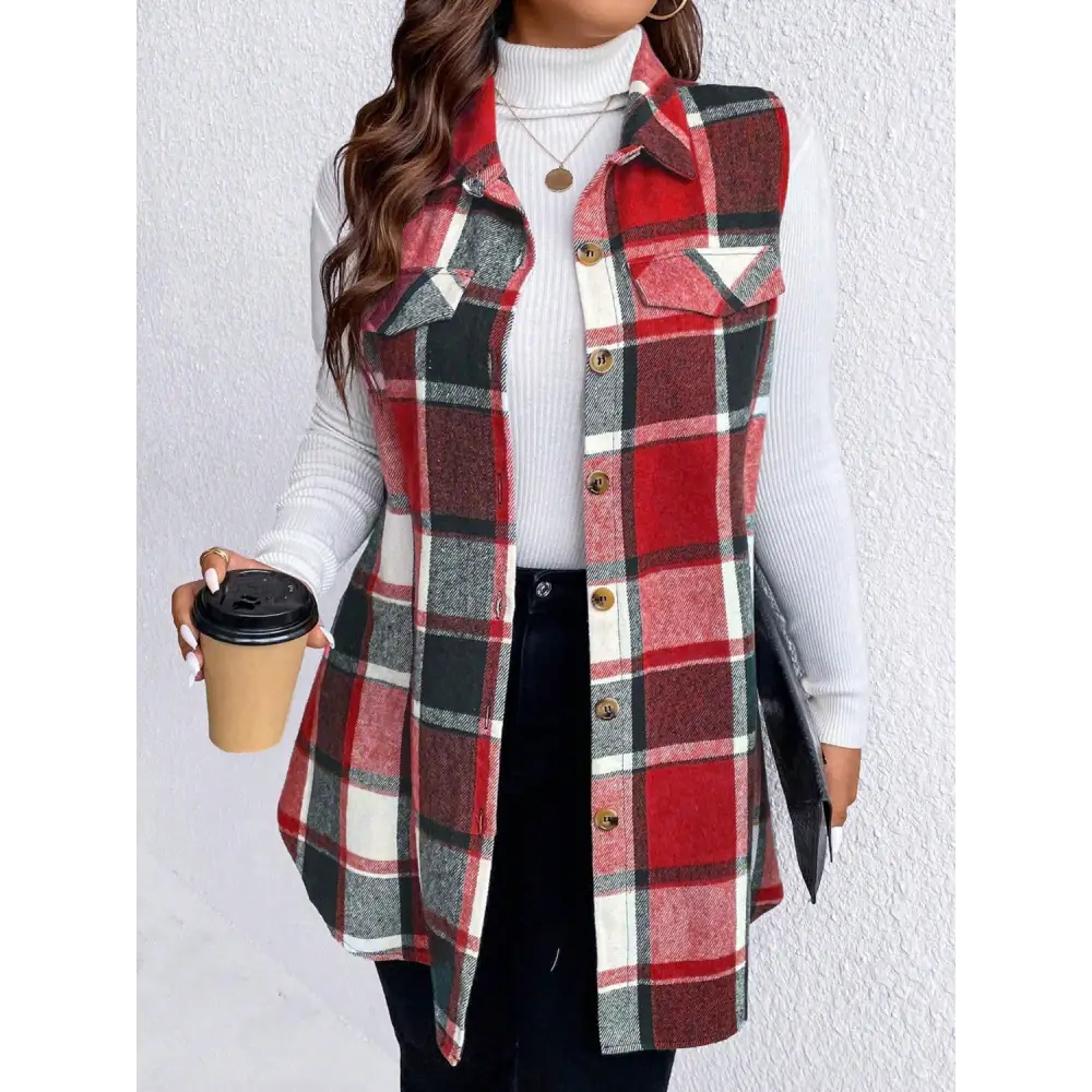 Honey Plus Size Pocketed Plaid Button Up Vest Coat - Tops