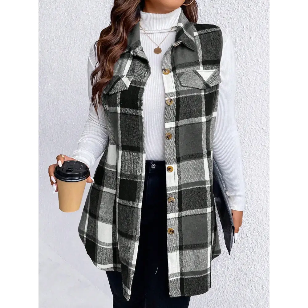 Honey Plus Size Pocketed Plaid Button Up Vest Coat - Tops