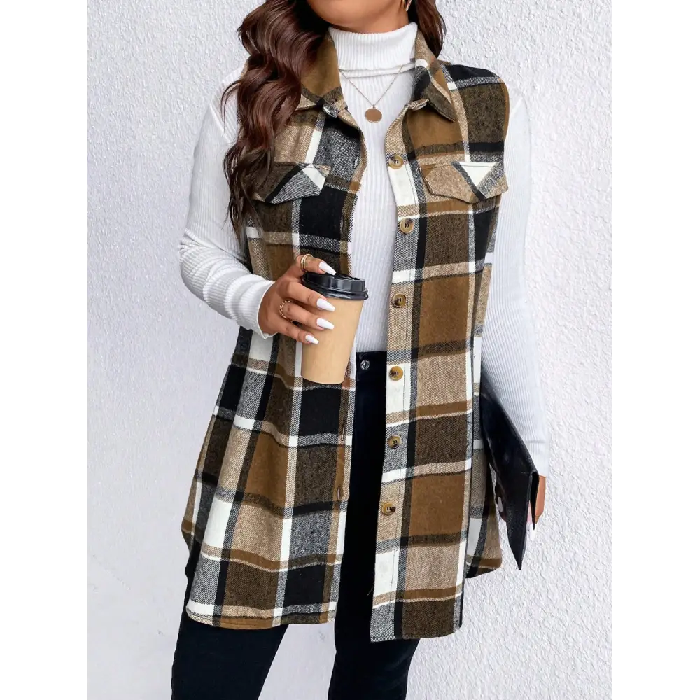 Honey Plus Size Pocketed Plaid Button Up Vest Coat - Tops