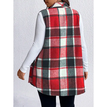 Honey Plus Size Pocketed Plaid Button Up Vest Coat - Tops