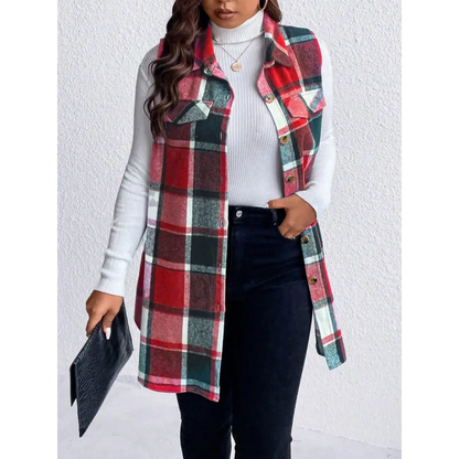 Honey Plus Size Pocketed Plaid Button Up Vest Coat - Tops