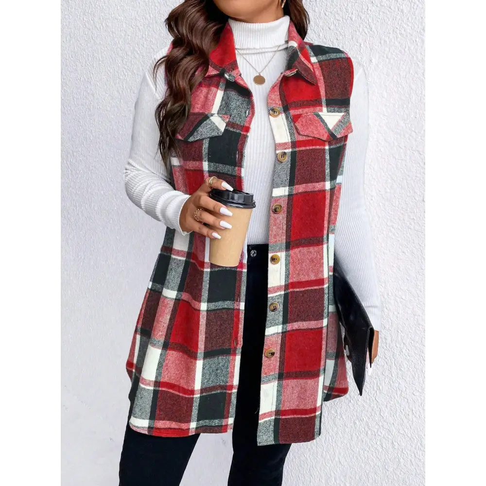 Honey Plus Size Pocketed Plaid Button Up Vest Coat - Tops