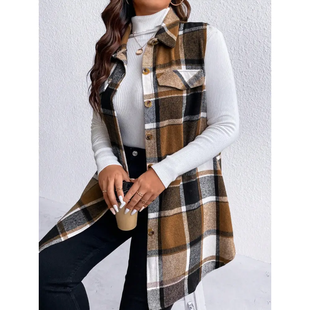 Honey Plus Size Pocketed Plaid Button Up Vest Coat - Tops