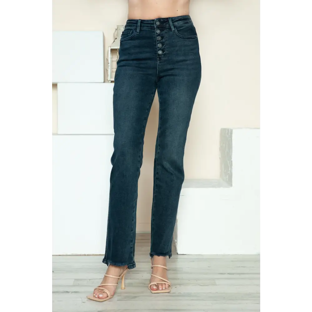 Judy Blue Full Size Button Fly Hem Destroy Straight Jeans - Bottoms