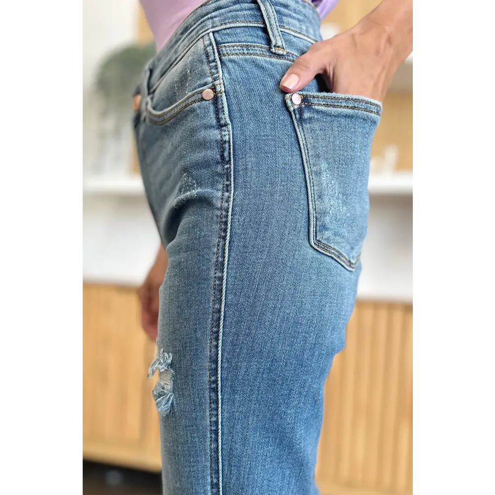 Judy Blue Full Size Distressed Raw Hem Bootcut Jeans - Bottoms