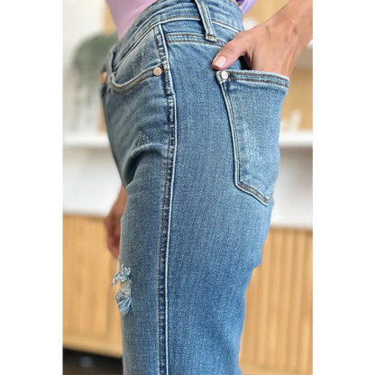 Judy Blue Full Size Distressed Raw Hem Bootcut Jeans - Bottoms