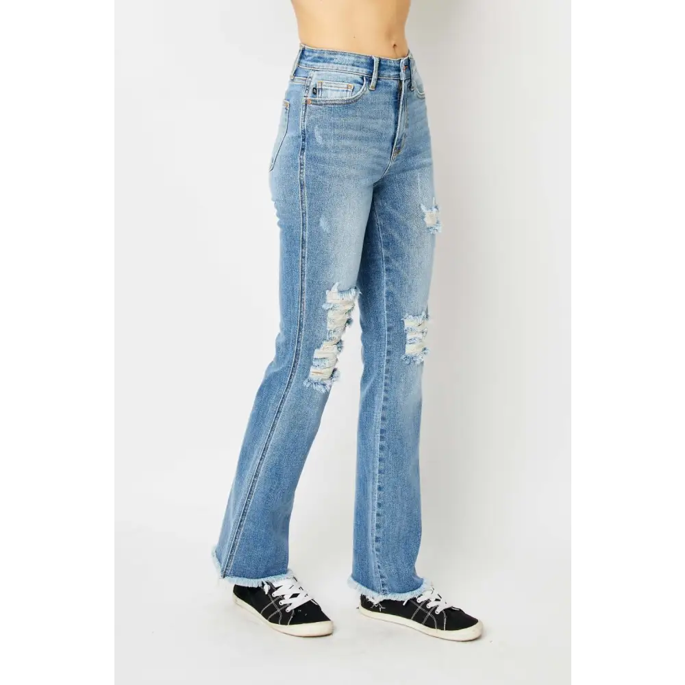 Judy Blue Full Size Distressed Raw Hem Bootcut Jeans - Bottoms