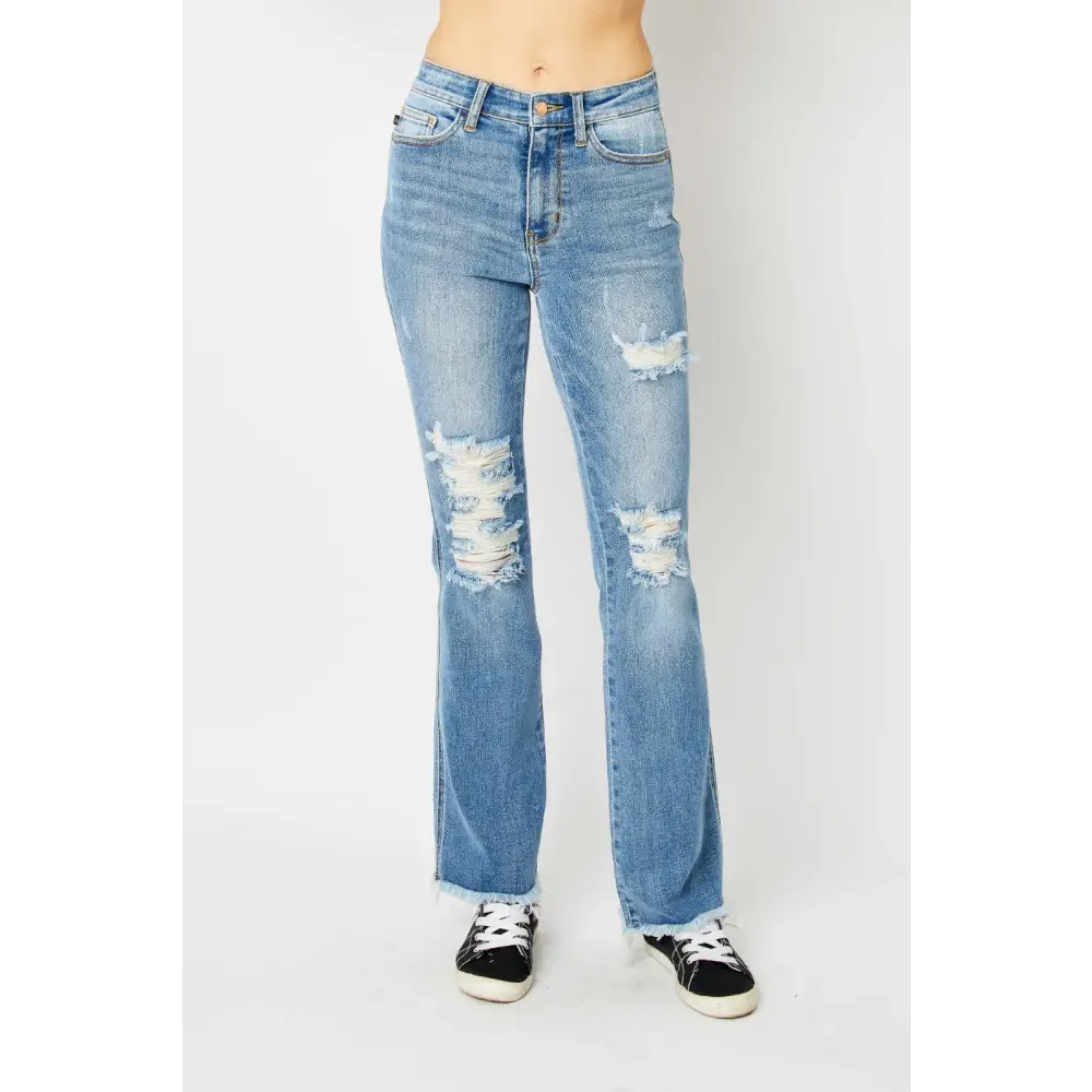 Judy Blue Full Size Distressed Raw Hem Bootcut Jeans - Bottoms