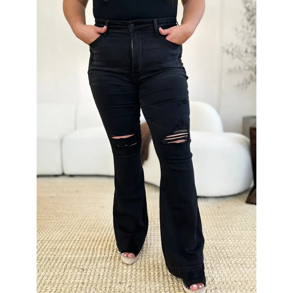 Judy Blue Full Size High Waist Distressed Flare Jeans - Bottoms